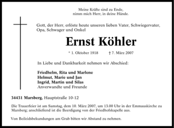 Traueranzeige von Ernst Köhler von Tageszeitung