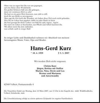 Traueranzeige von Hans-Gerd Kurz von Tageszeitung