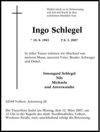 Traueranzeige von Ingo Schlegel von Tageszeitung