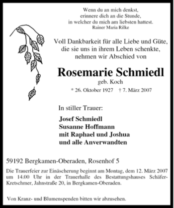 Traueranzeige von Rosemarie Schmiedl von Tageszeitung