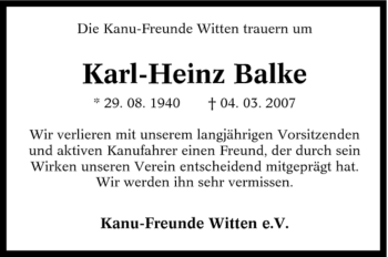 Traueranzeige von Karl-Heinz Balke von Tageszeitung