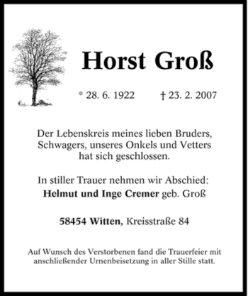 Traueranzeige von Horst Groß von Tageszeitung