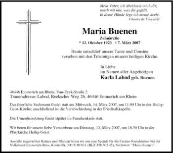 Traueranzeige von Maria Buenen von Tageszeitung