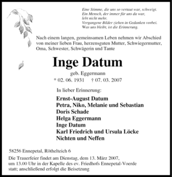 Traueranzeige von Inge Datum von Tageszeitung