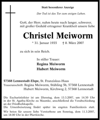 Traueranzeige von Christel Meiworm von Tageszeitung