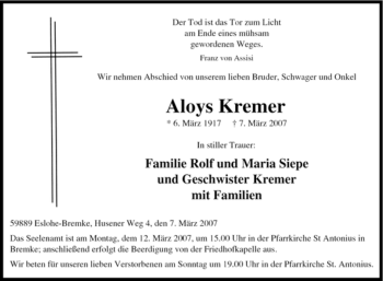 Traueranzeige von Aloys Kremer von Tageszeitung