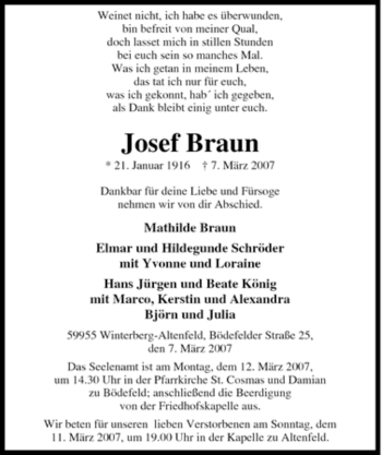 Traueranzeige von Josef Braun von Tageszeitung