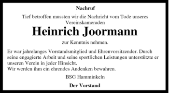 Traueranzeige von Heinrich Joormann von Tageszeitung
