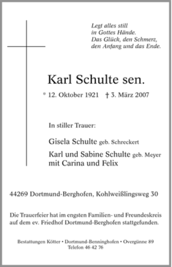 Traueranzeigen von Karl Schulte TrauerinNRW.de