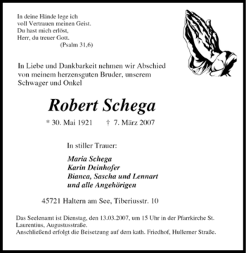 Traueranzeige von Robert Schega von Tageszeitung
