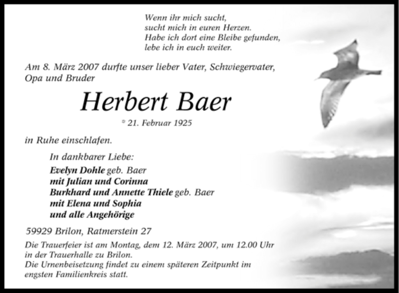  Traueranzeige für Herbert Baer vom 09.03.2007 aus Tageszeitung