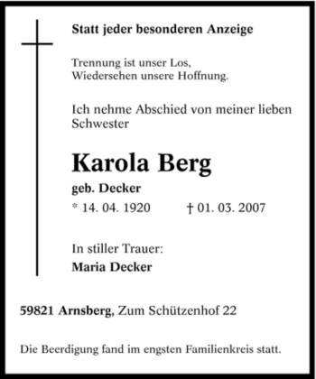 Traueranzeige von Karola Berg von Tageszeitung