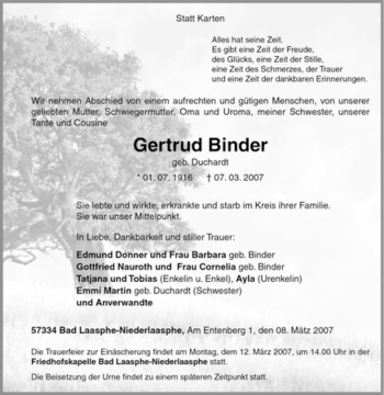 Traueranzeige von Gertrud Binder von Tageszeitung