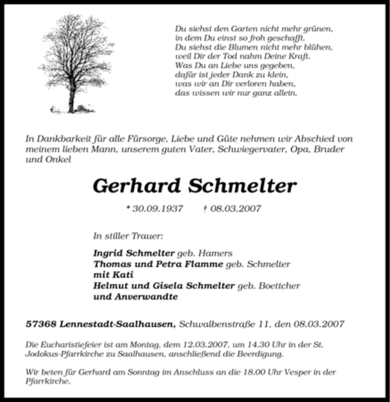  Traueranzeige für Gerhard Schmelter vom 09.03.2007 aus Tageszeitung