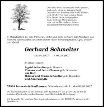 Traueranzeige von Gerhard Schmelter von Tageszeitung
