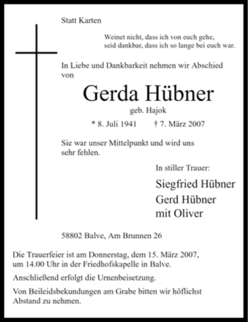 Traueranzeige von Gerda Hübner von Tageszeitung