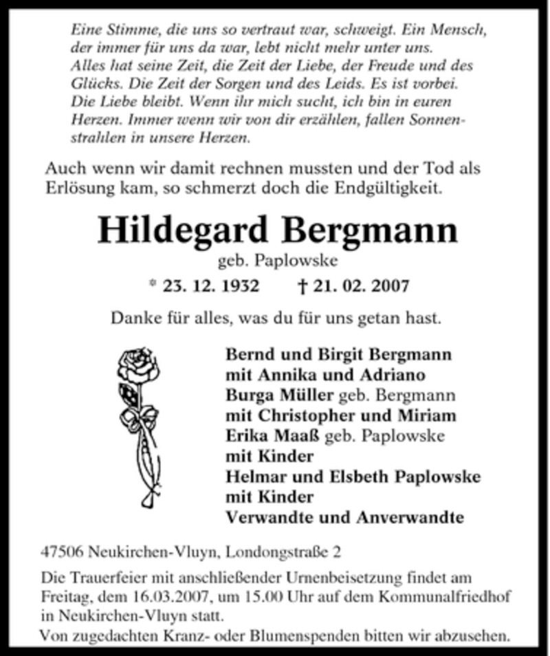  Traueranzeige für Hildegard Bergmann vom 10.03.2007 aus Tageszeitung