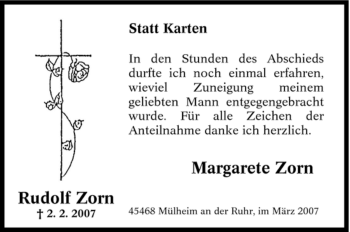 Traueranzeige von Rudolf Zorn von Tageszeitung