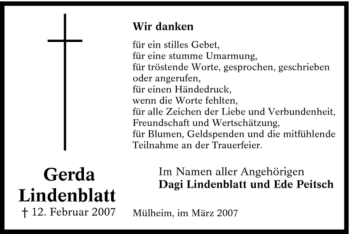 Traueranzeige von Gerda Lindenblatt von Tageszeitung