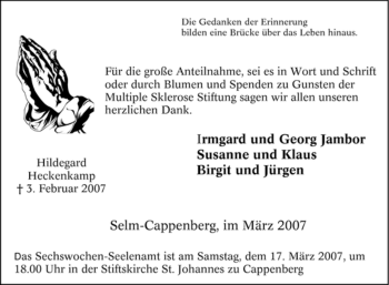 Traueranzeige von Hildegard Heckenkamp von Tageszeitung