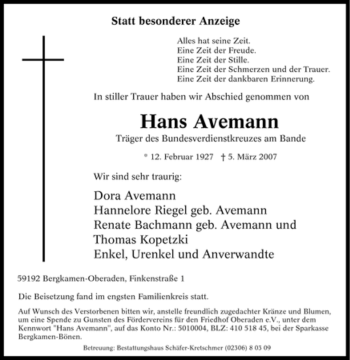 Traueranzeige von Hans Avemann von Tageszeitung