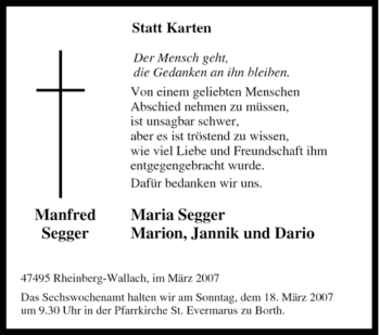 Traueranzeige von Manfred Segger von Tageszeitung