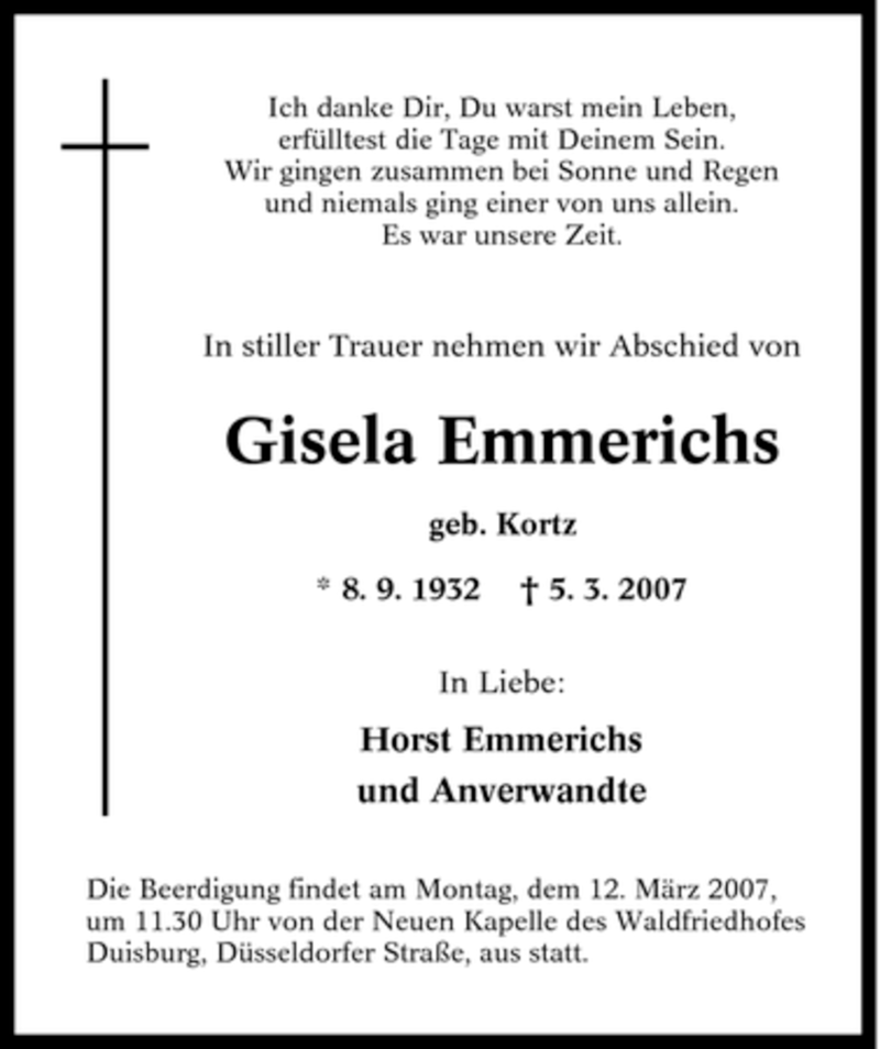  Traueranzeige für Gisela Emmerichs vom 10.03.2007 aus Tageszeitung