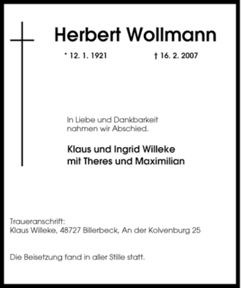 Traueranzeige von Herbert Wollmann von Tageszeitung