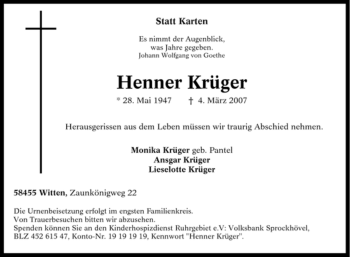 Traueranzeige von Henner Krüger von Tageszeitung