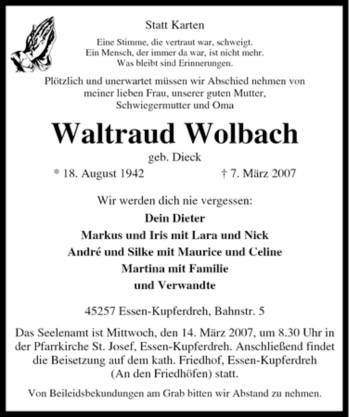 Traueranzeige von Waltraud Wolbach von Tageszeitung