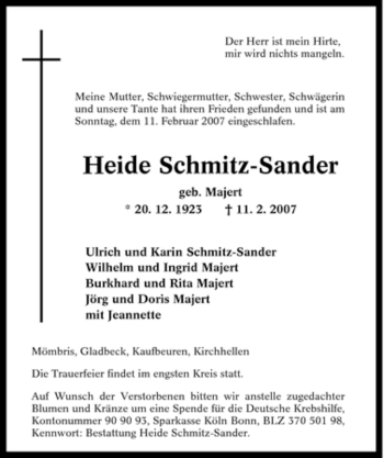 Traueranzeige von Heide Schmitz-Sander von Tageszeitung
