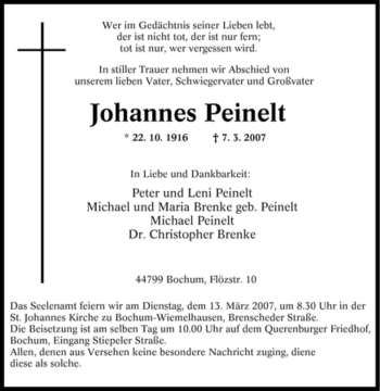 Traueranzeige von Johannes Peinelt von Tageszeitung