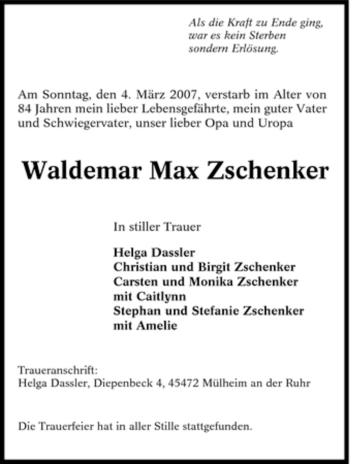 Traueranzeige von Waldemar Max Zschenker von Tageszeitung