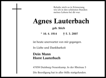 Traueranzeige von Agnes Lauterbach von Tageszeitung