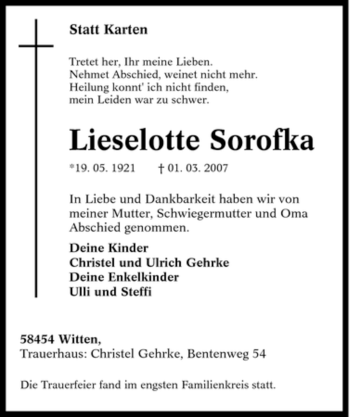 Traueranzeige von Lieselotte Sorofka von Tageszeitung
