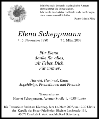 Traueranzeige von lena Scheppmann von Tageszeitung