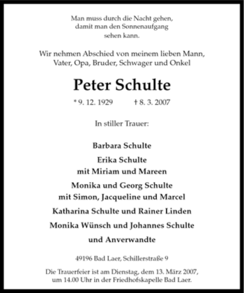 Traueranzeige von Peter Schulte von Tageszeitung
