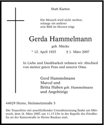 Traueranzeige von Gerda Hammelmann von Tageszeitung