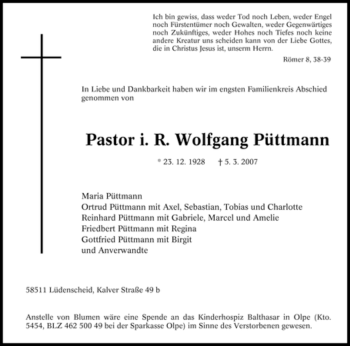 Traueranzeige von Wolfgang Püttmann von Tageszeitung