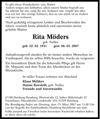 Traueranzeige von Rita Möders von Tageszeitung