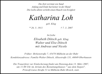 Traueranzeige von Katharina Loh von Tageszeitung