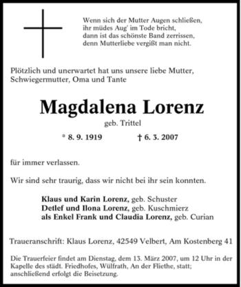 Traueranzeige von Magdalena Lorenz von Tageszeitung