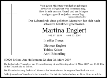 Traueranzeige von Martina Englert von Tageszeitung