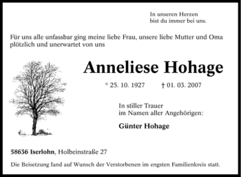 Traueranzeige von Anneliese Hohage von Tageszeitung