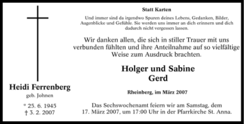 Traueranzeige von Heidi Ferrenberg von Tageszeitung