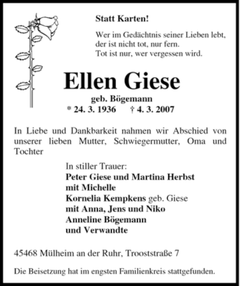 Traueranzeige von Ellen Giese von Tageszeitung