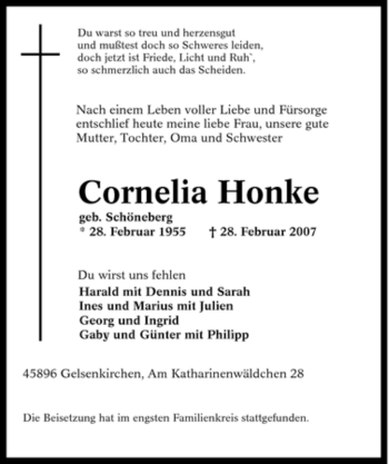 Traueranzeige von Cornelia Honke von Tageszeitung