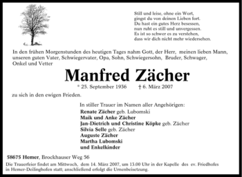 Traueranzeige von Manfred Zächer von Tageszeitung