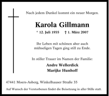 Traueranzeige von Karola Gillmann von Tageszeitung