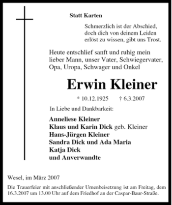 Traueranzeige von Erwin Kleiner von Tageszeitung